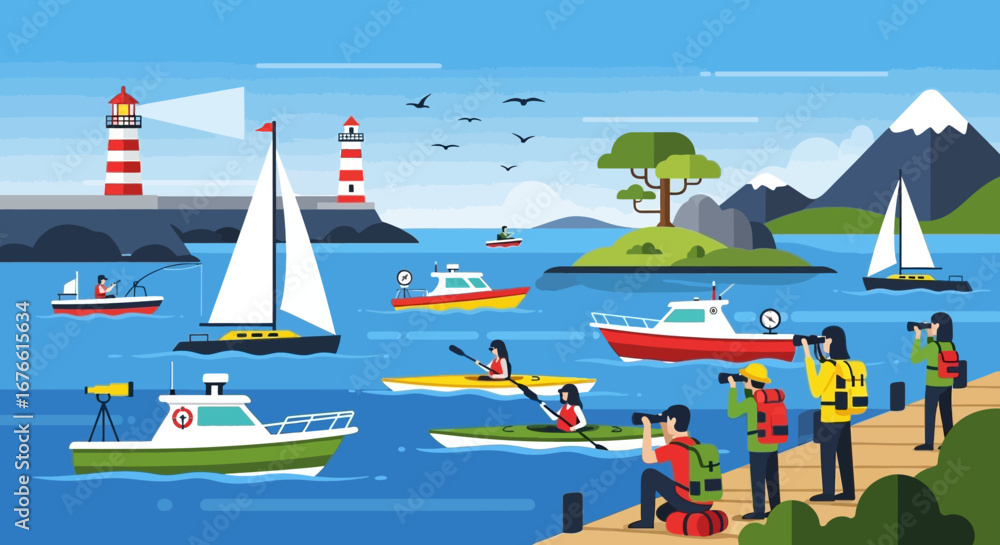 Naklejka premium Coastal Scene with Boats, Kayaks, Birdwatchers, and Distant Mountains