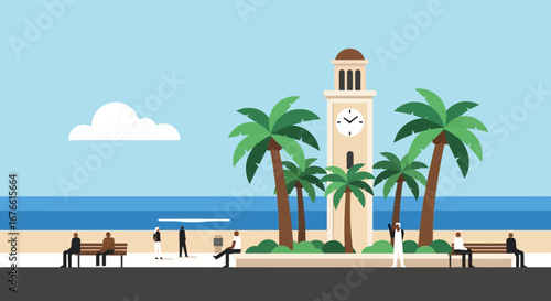 Coastal Town Square Scene with Clock Tower and Palm Trees