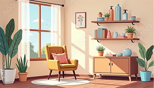 Bright and inviting living space featuring a cozy armchair, plants, and stylish decor