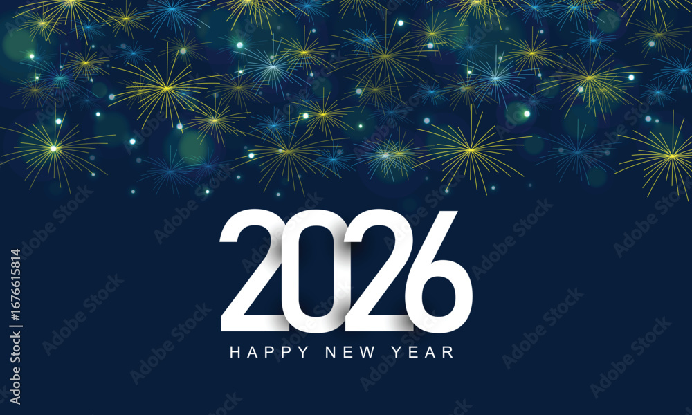 Decorative colorful fireworks explosions on dark background. New Year's Eve fireworks 2026 Text Holiday