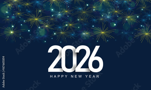 Decorative colorful fireworks explosions on dark background. New Year's Eve fireworks 2026 Text Holiday