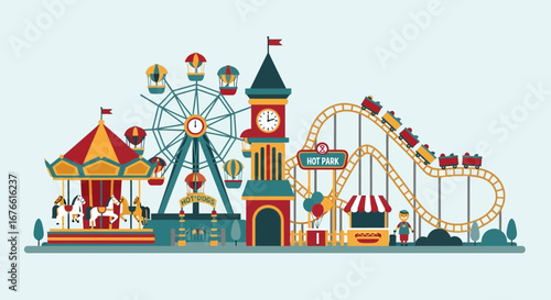 Colorful Amusement Park Scene Featuring Ferris Wheel, Roller Coaster, and Carousel