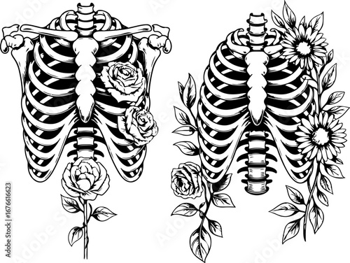 Floral Skeleton Ribcage and Skull – Gothic Anatomy and Botanical Art Vector Bundle