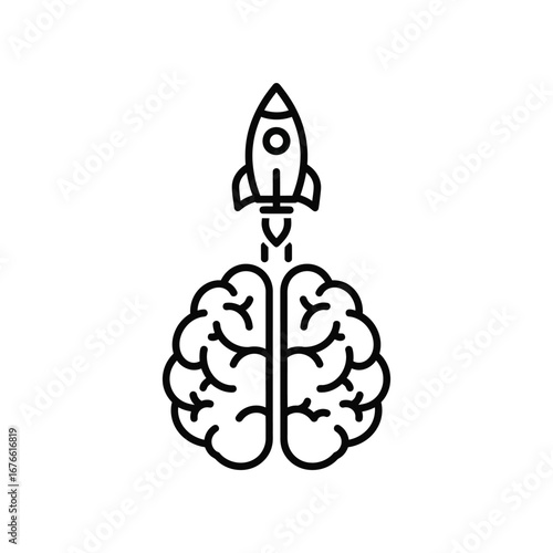 Innovation Launch: A stylized, high-contrast illustration of a rocket soaring from the epicenter of the brain, embodying an explosive idea, fresh thought, or grand creation.