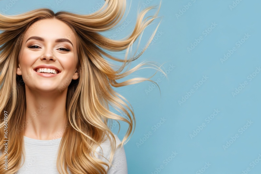 Fototapeta premium Radiant woman with flowing blonde hair smiles brightly