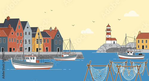 Colorful coastal village with fishing boats and drying nets illustration