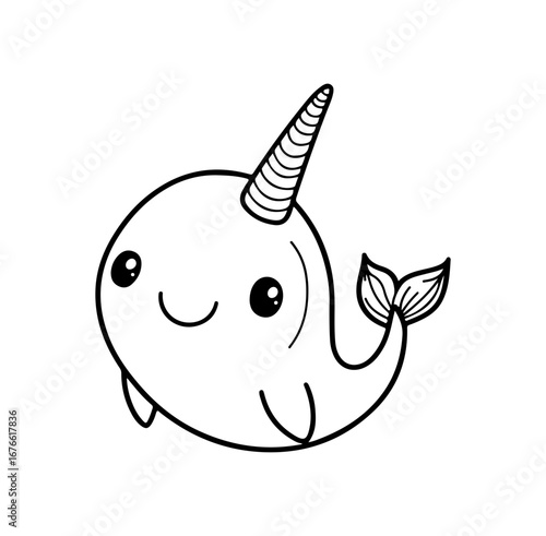 This adorable cartoon narwhal features a smiling face and a spiral horn. Perfect for children's books, designs, or aquatic-themed projects, it brings joy and whimsy.