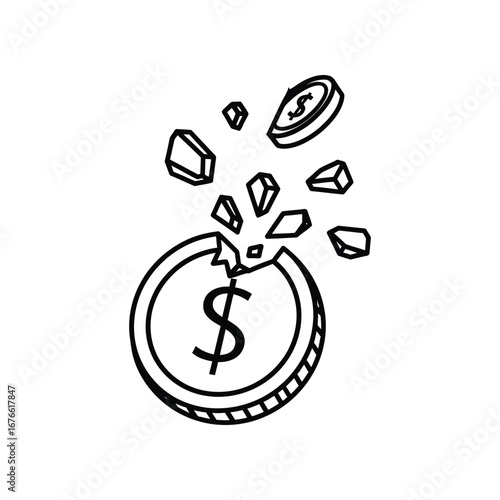 Financial Shattering: A symbolic monochrome illustration of a cracked coin with dollar signs as the core represents themes of financial loss, debt and economic hardship, and financial crisis.