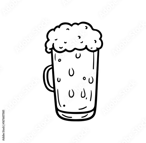 A minimalist illustration of a cold beer mug filled with foam and water drops, perfect for conveying refreshment and joy in social gatherings.