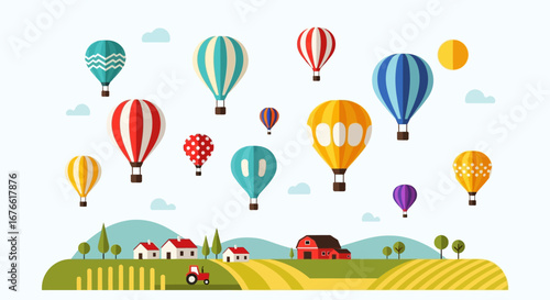 Colorful Hot Air Balloons Soaring Above a Farm Landscape