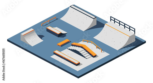 Colorful Isometric View of a Skatepark with Various Obstacles