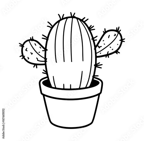 A charming cartoon-style cactus in a pot featuring a simple outline design. Perfect for illustration projects, gardening themes, and home decor elements.