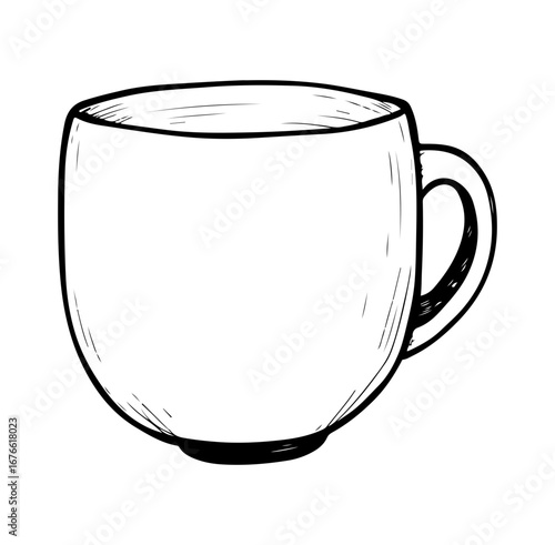 A hand-drawn sketch of an empty coffee mug, perfect for design projects, illustrating comfort, relaxation, and warmth. Ideal for cafe or home decor themes.