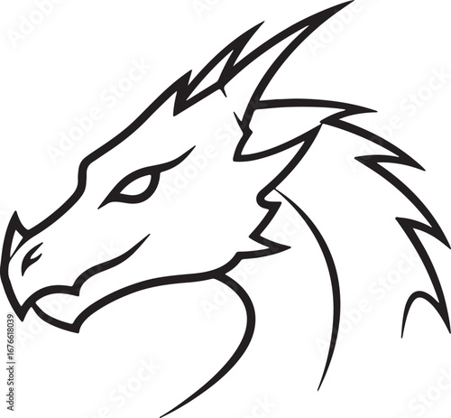 Dragon Portrait: A sleek, minimalist line drawing of a dragon's head, capturing the mythical beast's proud and cunning essence, with clean lines.