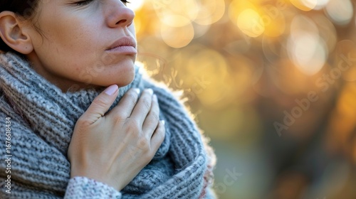 Person holding neck in discomfort with loosely wrapped warm scarf, concept of winter health issues, seasonal pain and self care for sore muscles
