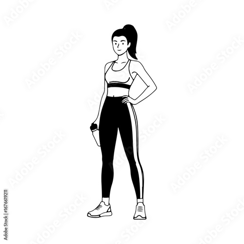 A full-body line drawing of a fit woman in athletic wear. A character illustration representing fitness, exercise, gym workouts, or a healthy lifestyle.