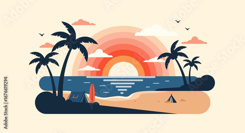 Colorful Sunset Beach Scene with Palm Trees and Camping