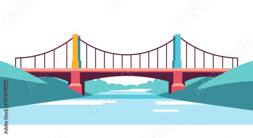 Colorful Suspension Bridge Over River with Stylized Landscape Illustration
