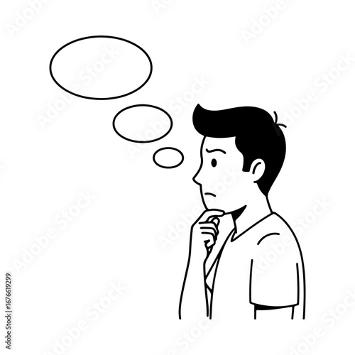 A man in deep thought with empty thought bubbles above his head. A line art concept for brainstorming, ideas, questions, or decision making.