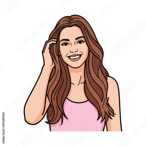 A beautiful smiling woman with long brown hair, gently tucking a strand behind her ear. A friendly and attractive female portrait with a warm and inviting expression.