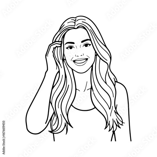 A smiling woman with long wavy hair tucking a strand behind her ear. A beautiful and confident female portrait in a simple black and white line art style.