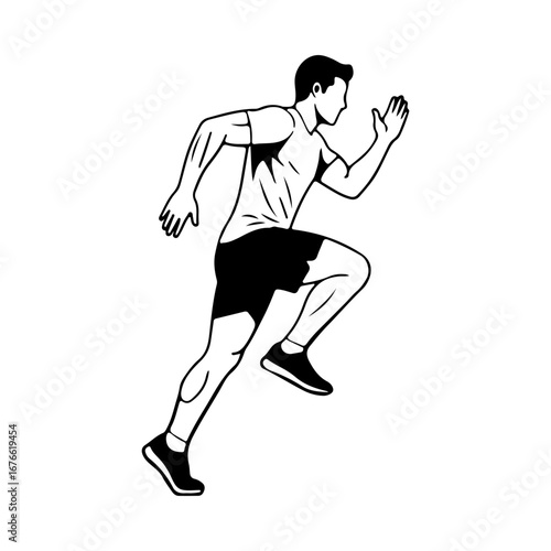 A man running in a dynamic pose, illustrated in a bold black and white style. An athletic male figure jogging, representing fitness, sport, and an active lifestyle.