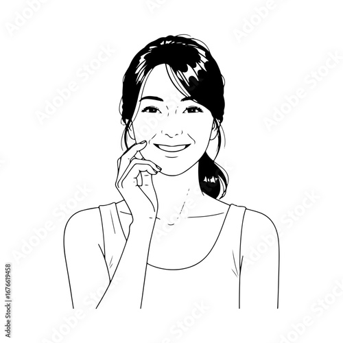 A serene young woman with a gentle smile, touching her cheek. A beautiful and elegant line art portrait with a calm and happy expression. Minimalist black and white drawing.