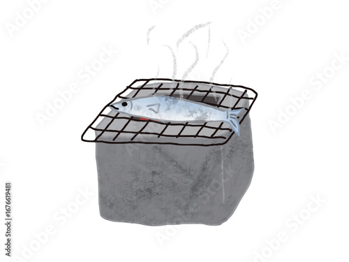 Illustration of a scene where blue fish is being grilled on a charcoal grill