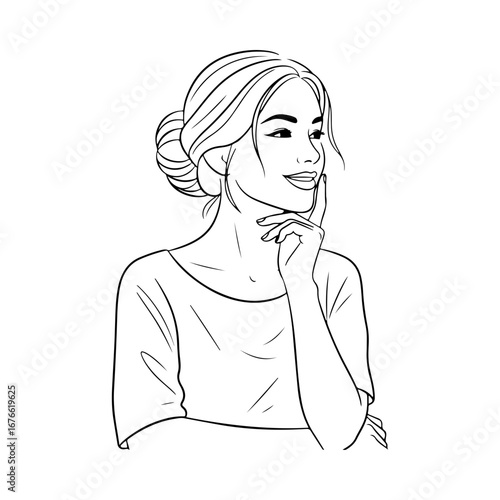 A beautiful woman with a gentle smile and hair in a bun. A simple line art drawing capturing a moment of thought. Minimalist portrait for beauty or wellness concepts.