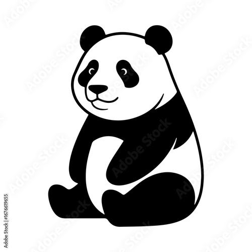 A cute giant panda sitting happily. A simple black and white illustration of the beloved bear, ideal for logos, icons, and designs related to wildlife conservation or Asian animals.