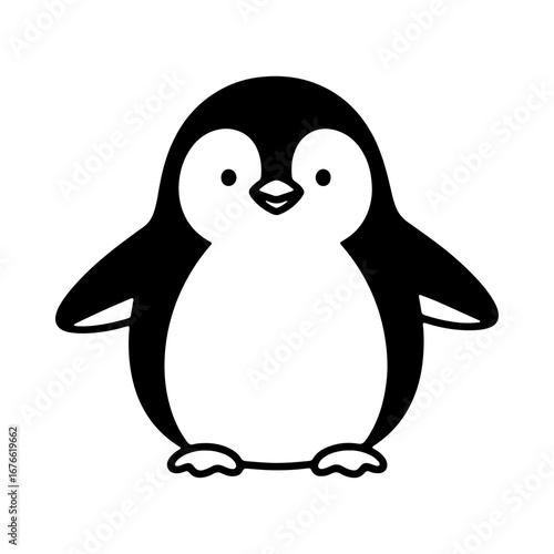 An adorable cartoon penguin standing. A simple black and white graphic perfect for a logo, icon, or children's design. A cute arctic and antarctic animal character.