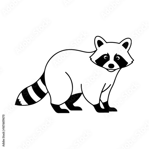 A curious raccoon looking over its shoulder. A simple black and white illustration of a North American woodland animal. Great for logos, mascots, or wildlife themed projects.