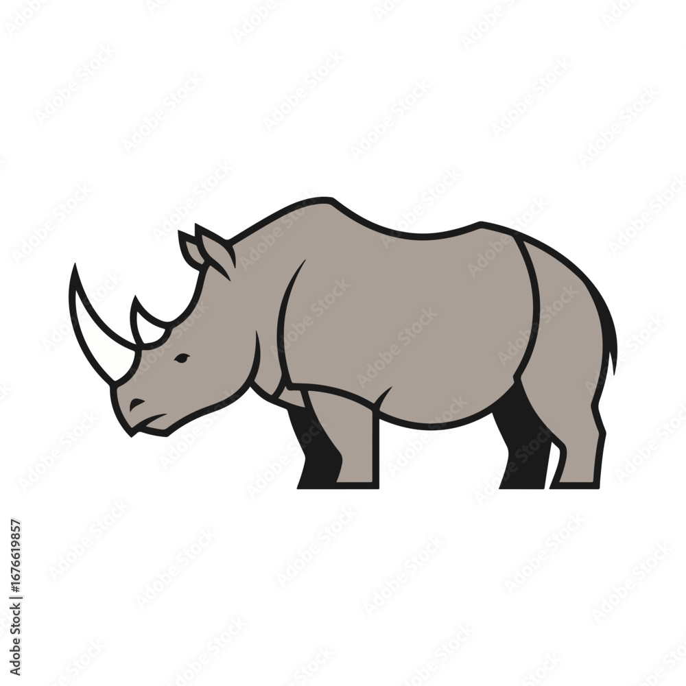 Fototapeta premium A simple and bold cartoon rhinoceros illustration. This strong safari animal character is shown from the side, isolated on a white background. Great for logos or icons.