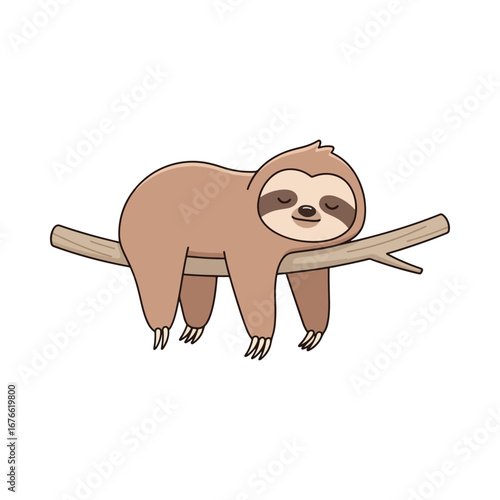A cute cartoon sloth hanging lazily from a tree branch. This adorable and slow moving mammal illustration is isolated on a white background. Fun character design.