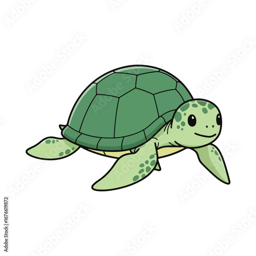 A smiling cartoon sea turtle swimming. This cute and friendly reptile illustration is perfect for ocean, marine, or aquatic life themes. Isolated on a white background.