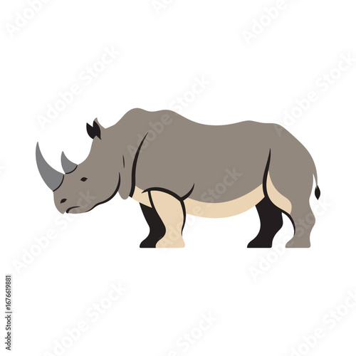 A powerful rhinoceros illustration in a side view. This large herbivorous mammal from Africa is depicted in a clean, graphic style, isolated on a white background.