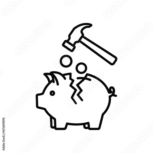 Cracked Piggy Bank and Hammer: A stark, outlined depiction of a shattered piggy bank and the descending hammer that caused it, symbolizing financial distress and economic troubles.