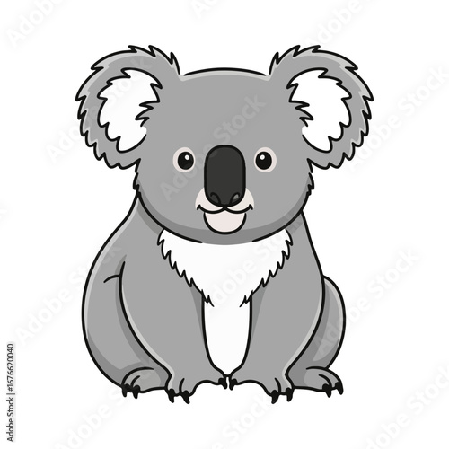 A sweet and fluffy koala bear character sitting happily. This charming grey animal illustration is great for children's books, greeting cards, and nature related graphics.