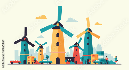 Colorful Windmill Village with People and Cars in a Modern Illustration