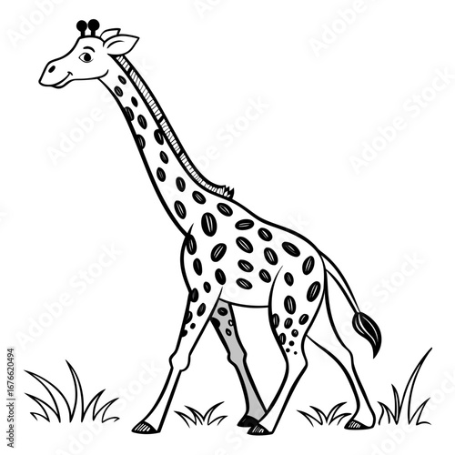 Giraffe Walking Line Art - Black and White Outline for Coloring Book, Educational Animal Illustration with Grass