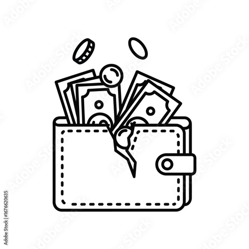 Financial Ruin: A stark illustration captures the harsh reality of financial difficulty, with an open wallet spilling out both bills and coins, representing a potential downfall. 