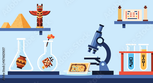 Cultural Artifacts and Scientific Tools in a Laboratory Setting.