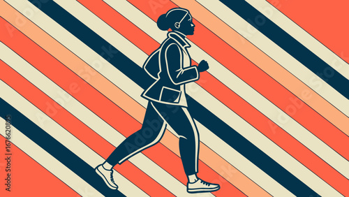Business Person Walking Fast - Retro Style Illustration of Professional Woman in Motion Against Striped Background