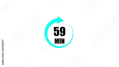 59 Minute Clock Timer Animation. Stopwatch Icon in Flat Style. Clean White Background. Time Counter Animation .