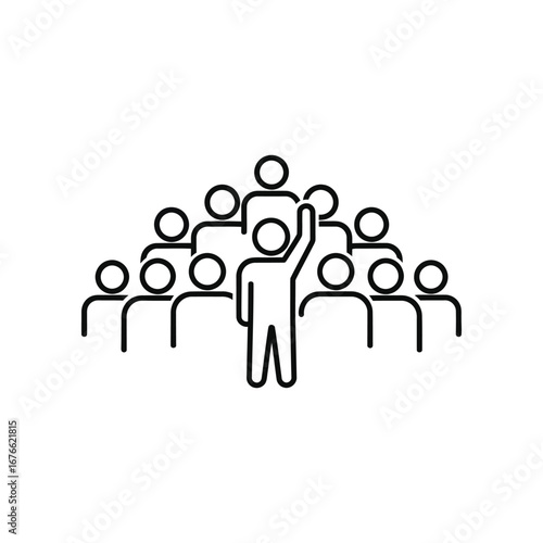 Leadership and unity in monochrome: A minimalist illustration of a leader raising their arm, standing before a united group, symbolizing direction, harmony, and collective purpose.