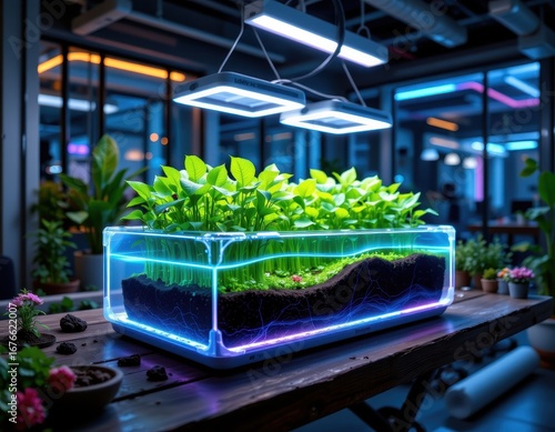 Wallpaper Mural a cutaway view of an nft hydroponic system nutrient water thin layer streaming beneath roots futuristic greenhouse glowing with modern design cinematic lighting scientific style digital painting Torontodigital.ca