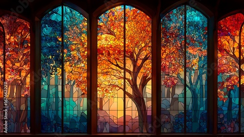 Stunning stained glass window depicting vibrant autumn trees with warm sunlight
