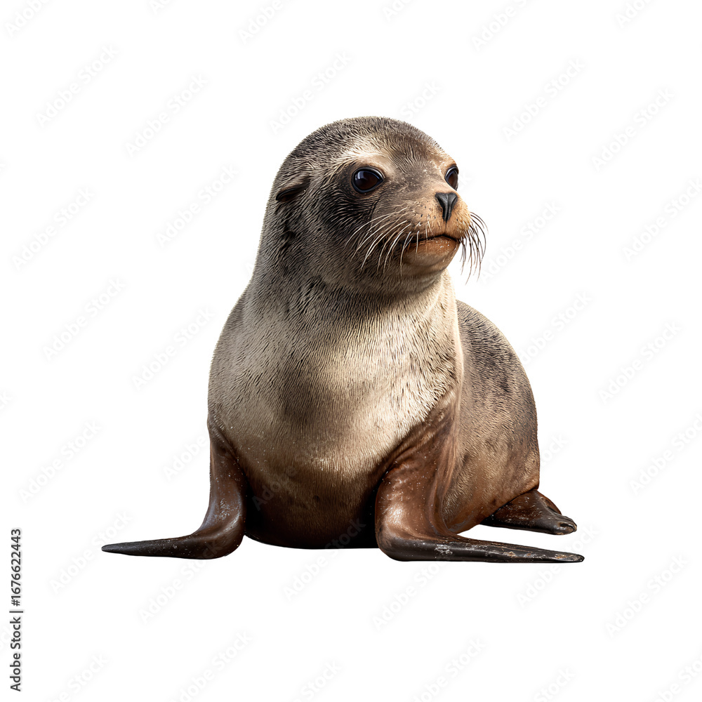 Obraz premium cute baby sea lion, sitting on the ground, transparent background