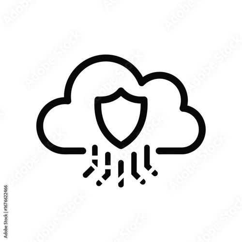 Cloud Data Security: A digital emblem of cloud security, a shield protects a cloud and connected data streams in a world of digital information and security measures.