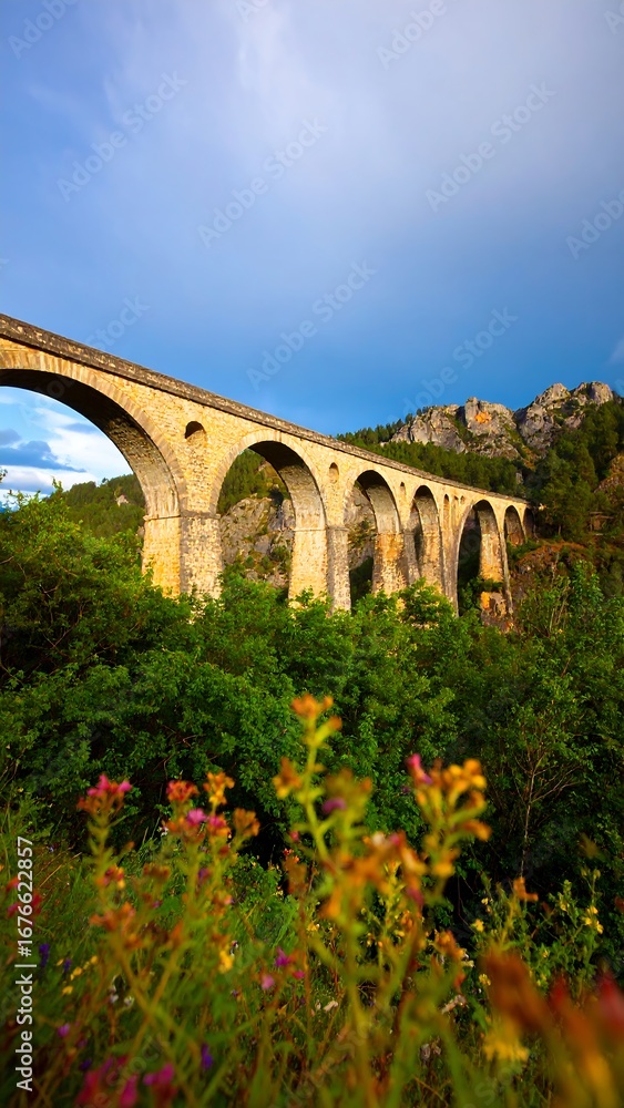 Obraz premium Ancient stone arch bridge over a valley